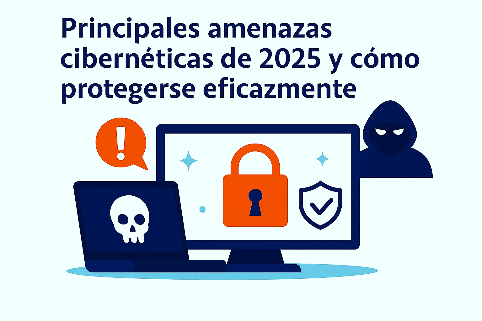 Ilustración sobre las principales amenazas cibernéticas de 2025 y cómo proteger los sistemas frente a malware, phishing y ransomware.