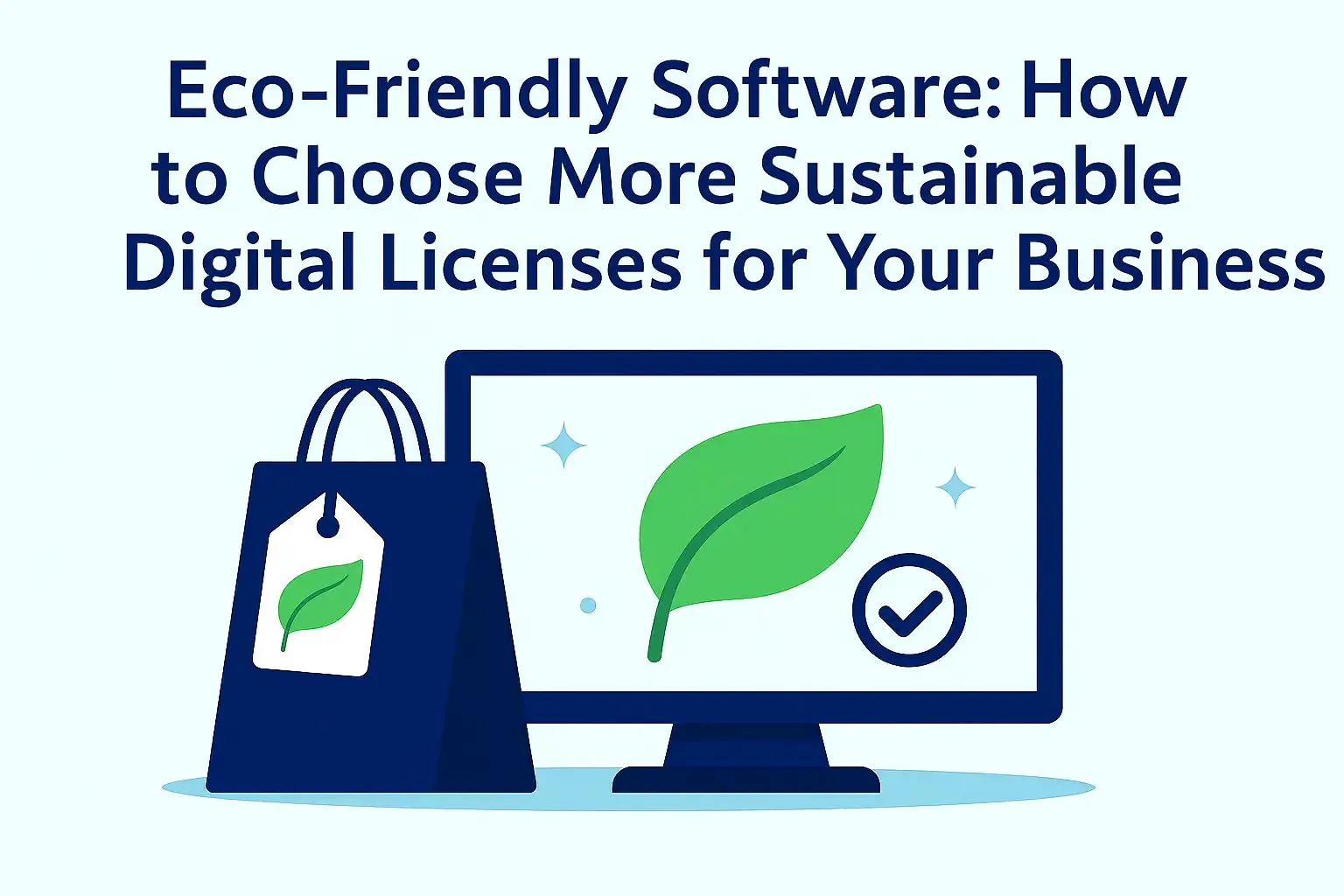 Eco-friendly software illustration with a green leaf on a computer screen and shopping bag, symbolizing sustainable digital licenses for businesses.